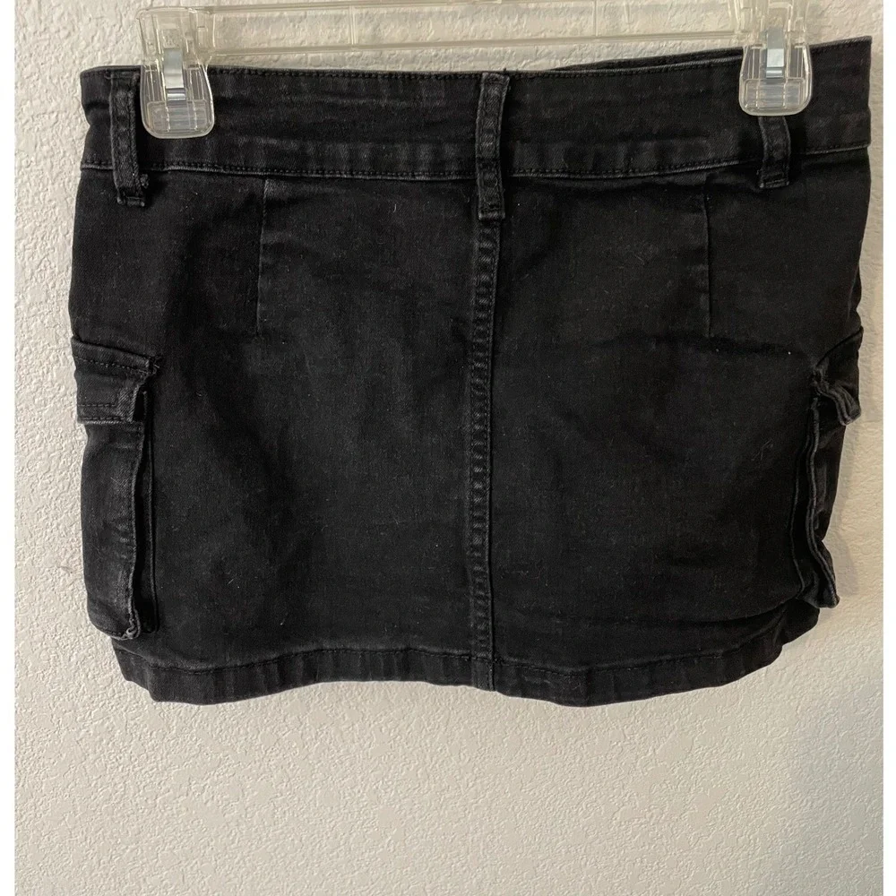 Womens Black Denim Cargo Mini Skirt Double Button Waistband Utility Pockets
